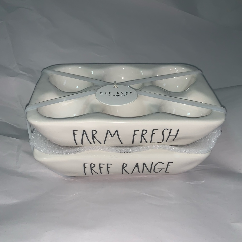 Rae Dunn “FARM FRESH” “FREE RANGE” Set of 2 Ceramic Farmhouse Egg Holder Tray